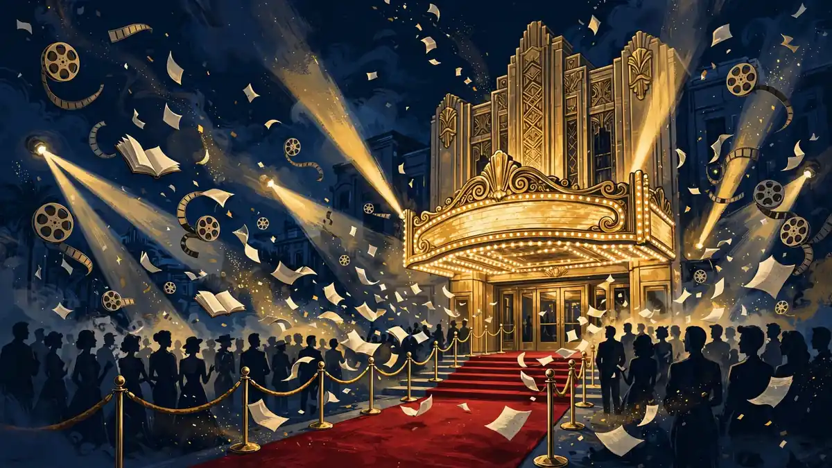 Illustrated Hollywood movie premiere scene with cinema marquee and film reels in navy and gold