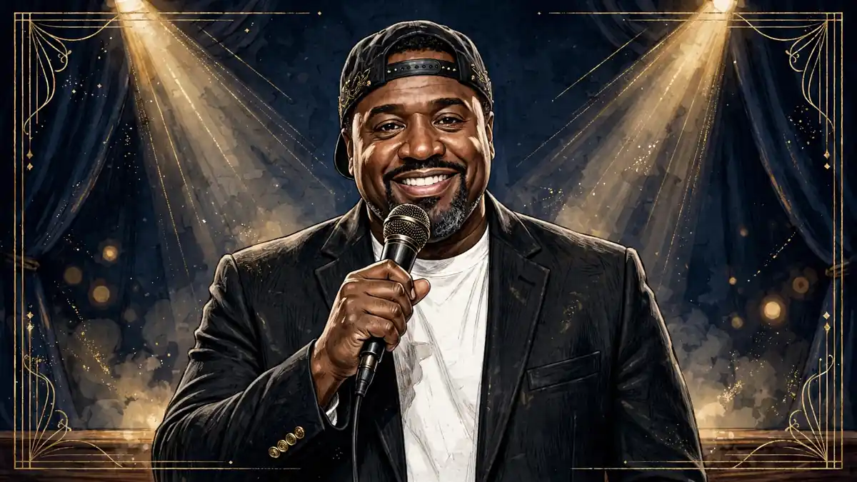 Illustrated portrait of comedian Corey Holcomb on stage with a microphone in navy and gold