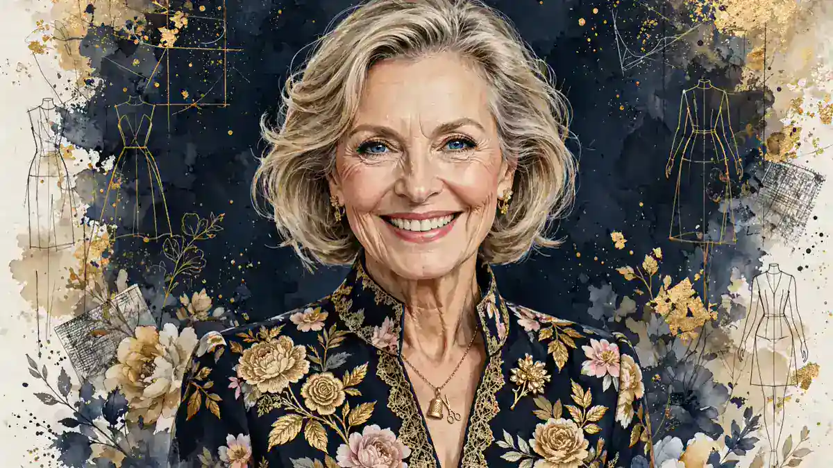 Stylized navy and gold illustrated portrait of fashion designer Cynthia Rowley