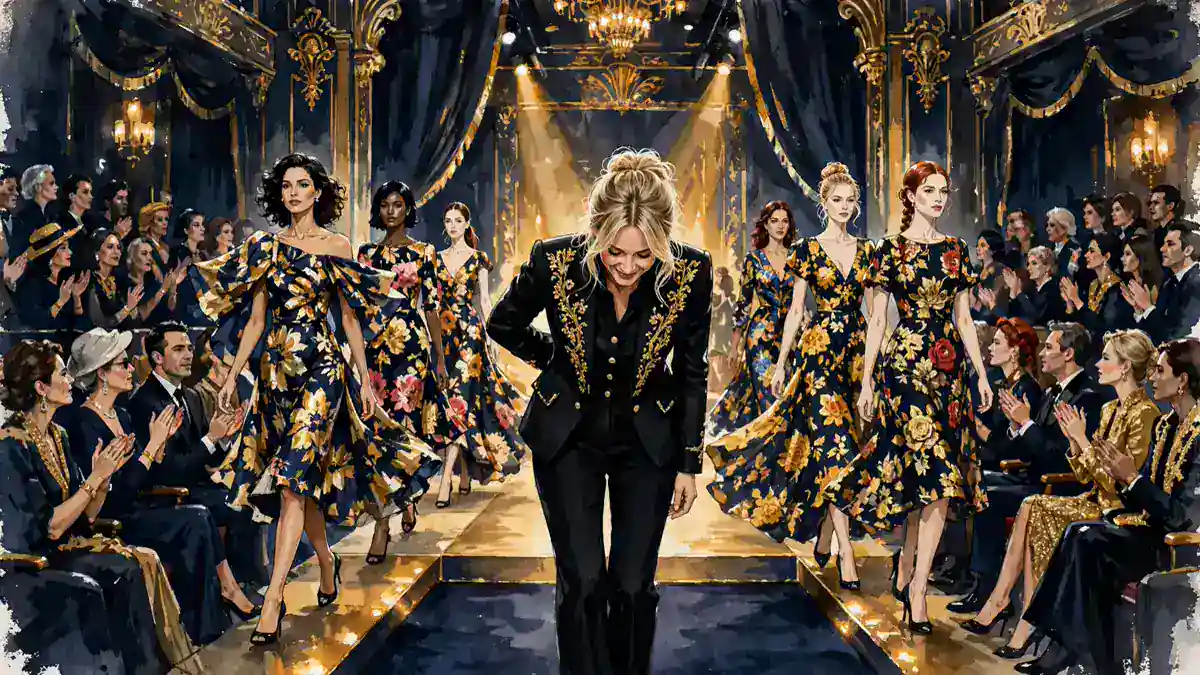 Illustrated New York Fashion Week runway show with designer Cynthia Rowley taking a bow