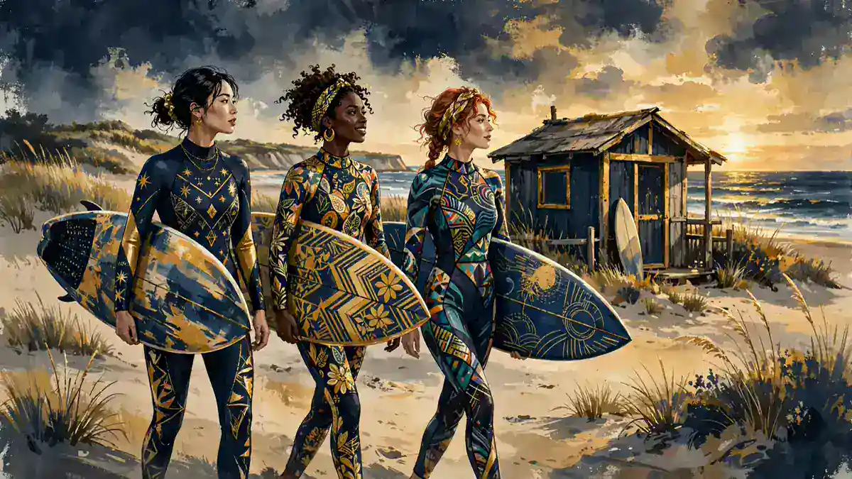 Illustrated surfers in colorful wetsuits on the beach at Montauk near Rowley's surf shack