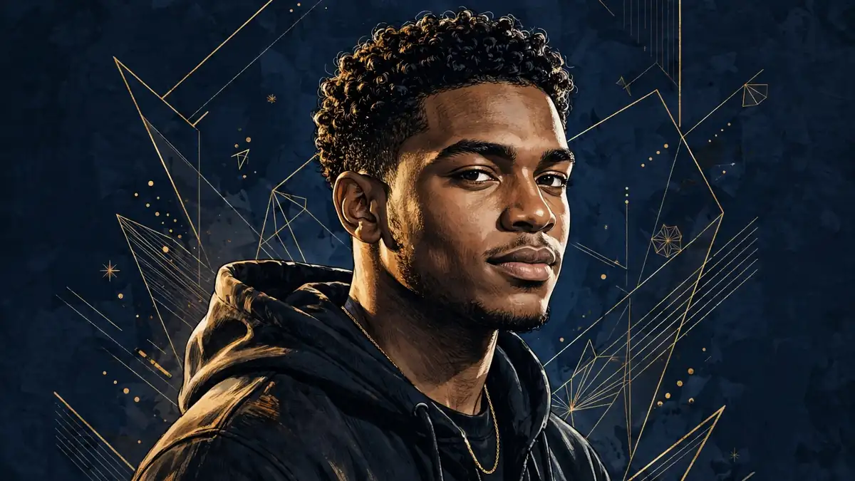 Illustrated portrait of singer d4vd in navy and gold editorial style