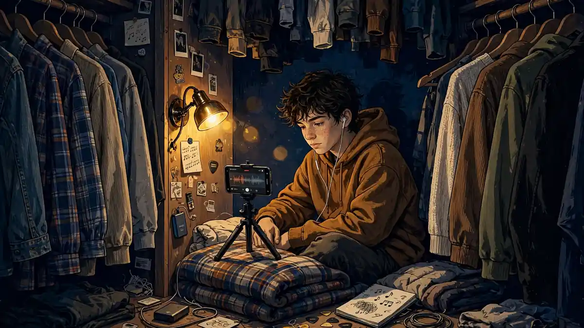 Illustration of a teenager recording music on a phone inside a bedroom closet