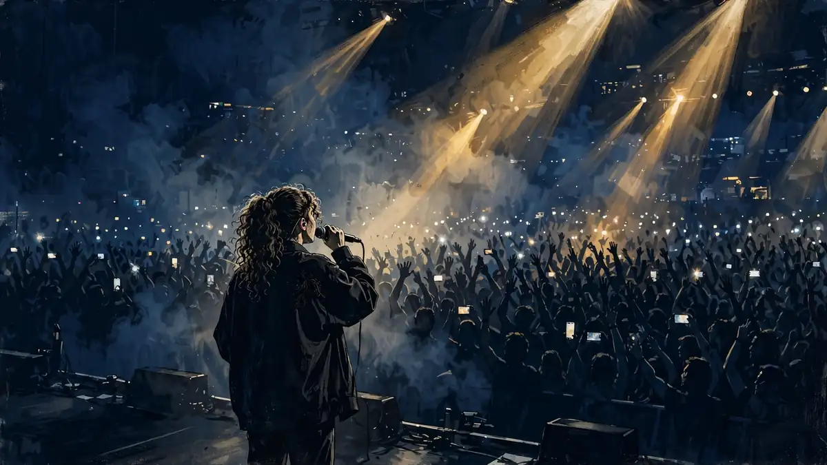 Illustration of d4vd performing on stage before a large crowd