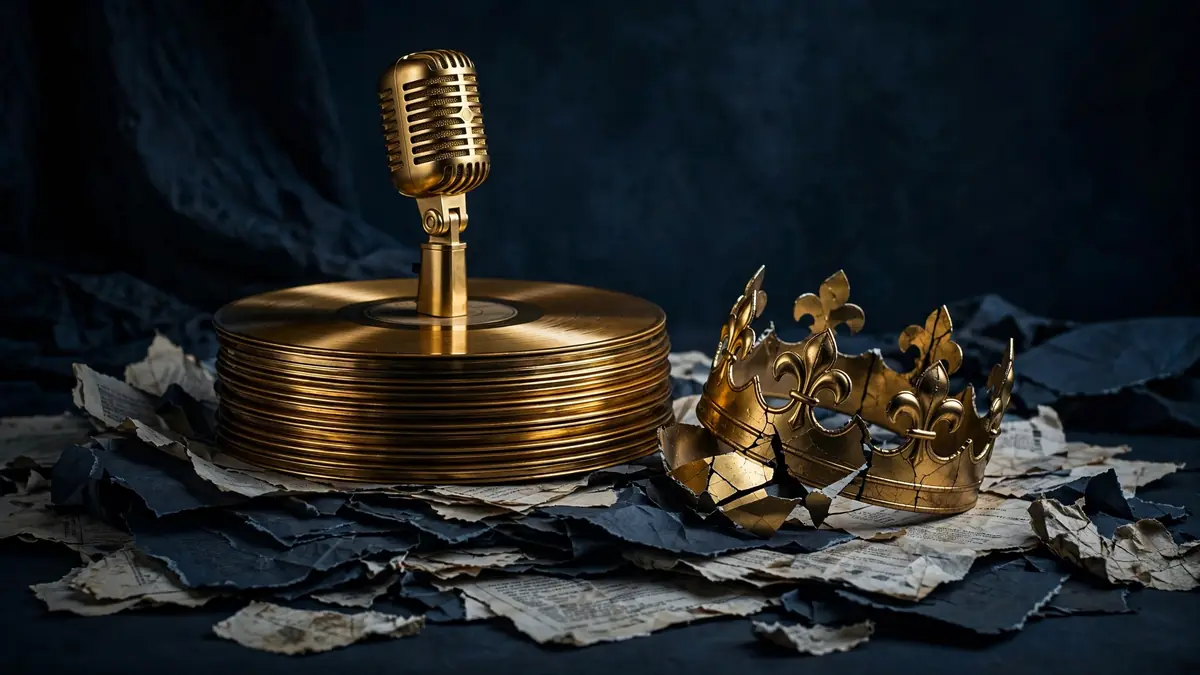 Gold vinyl records with a microphone and a cracked golden crown, symbolizing Dame Dash's fallen music empire