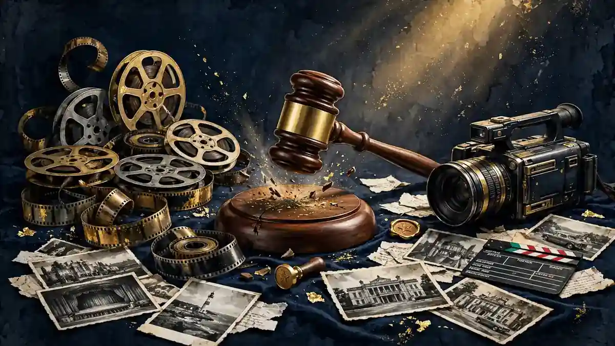 Auction gavel striking among film reels, photographs and a camera, illustrating the court-ordered auction of Dame Dash's life-story rights in bankruptcy
