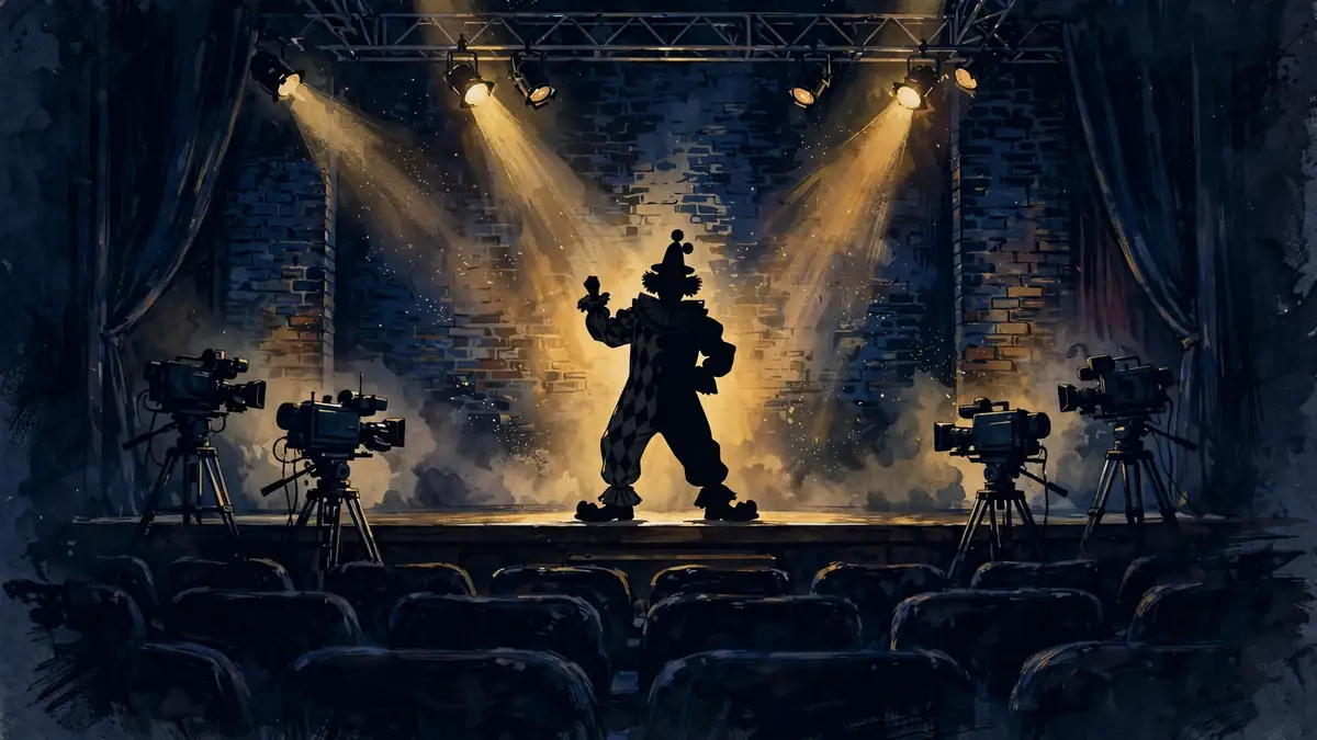 1990s sketch comedy stage with clown performer under gold spotlights