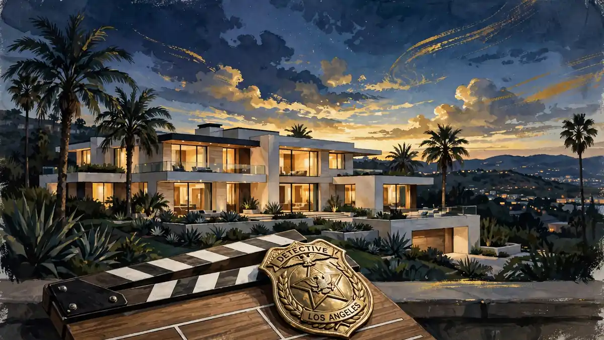 Los Angeles mansion at dusk with palm trees and film industry symbols