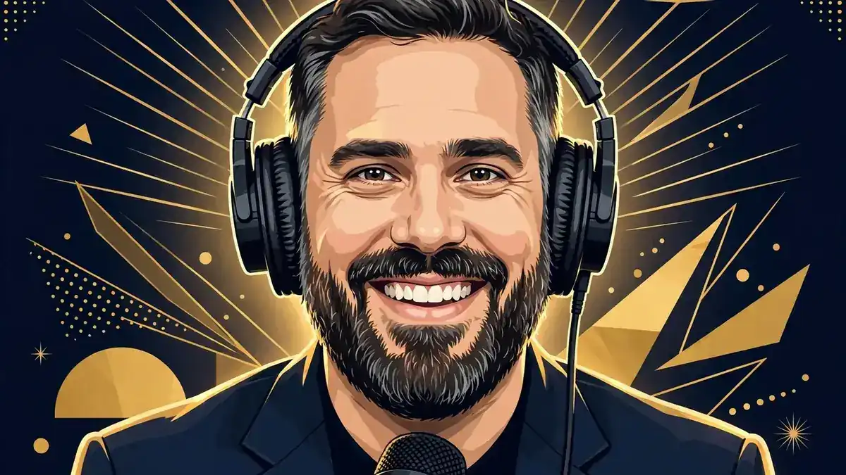 Stylized illustrated portrait of Dan Big Cat Katz wearing podcast headphones behind a broadcast microphone