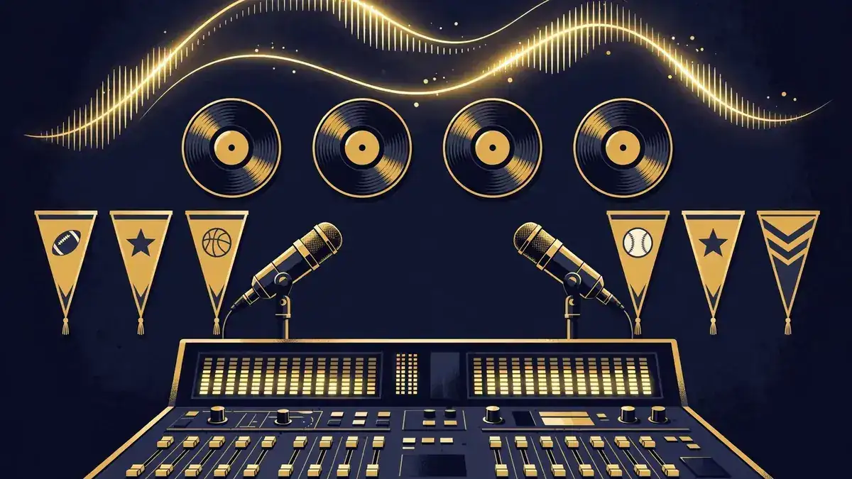 Illustration of a sports podcast studio with two microphones, a mixing desk, vinyl records and pennants in navy and gold
