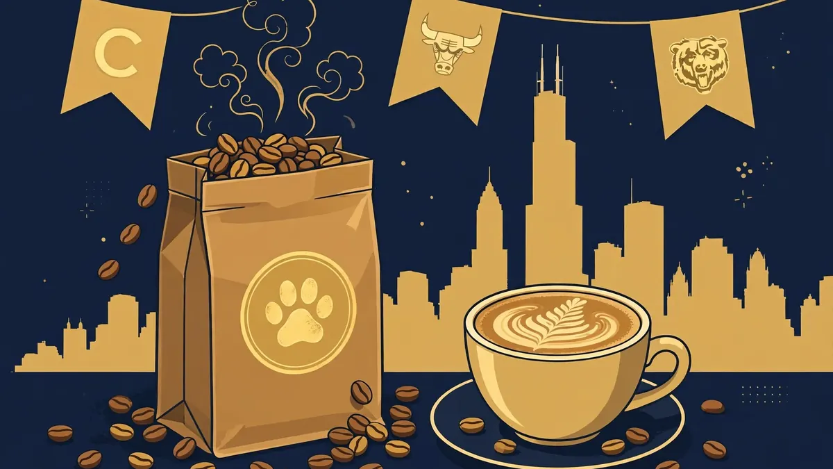Illustration of a Stella Blue Coffee bag with a paw emblem, a latte cup, and the Chicago skyline in navy and gold