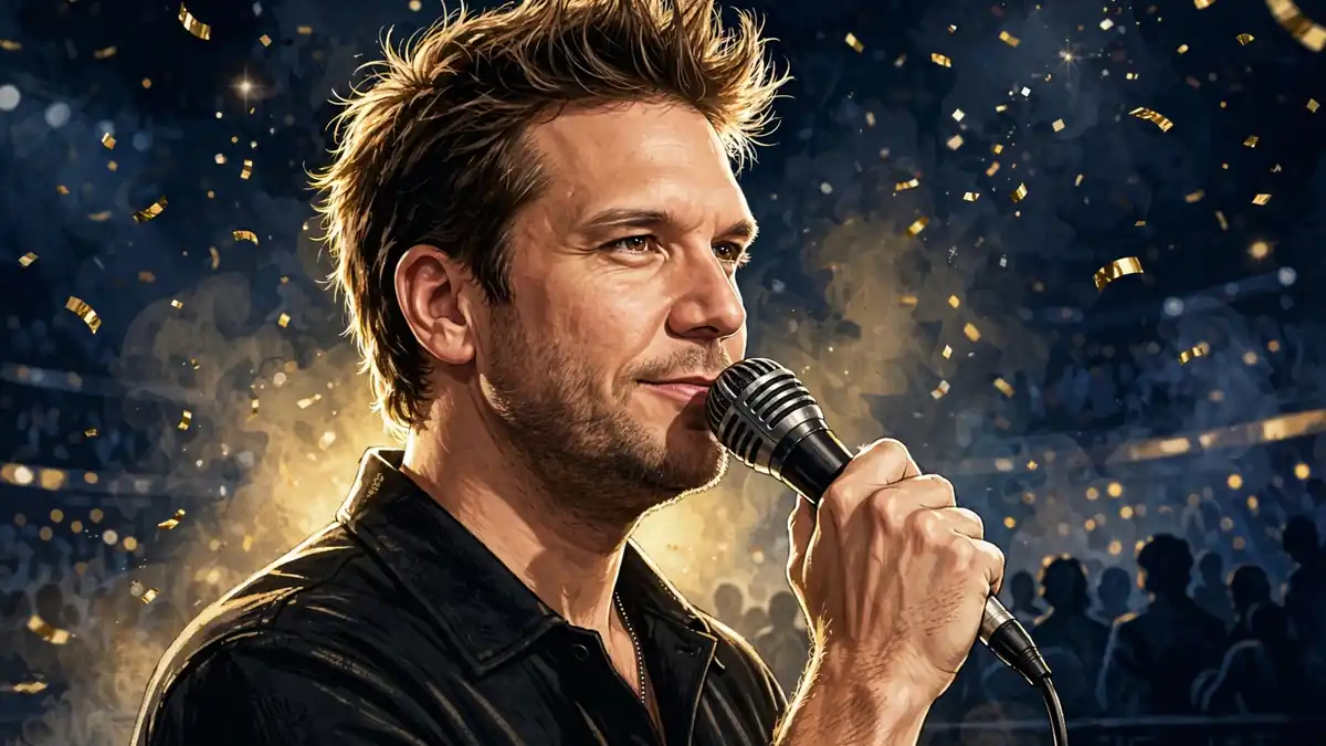 Stylized illustrated portrait of comedian Dane Cook performing on an arena stage with a microphone, dark navy and gold editorial style