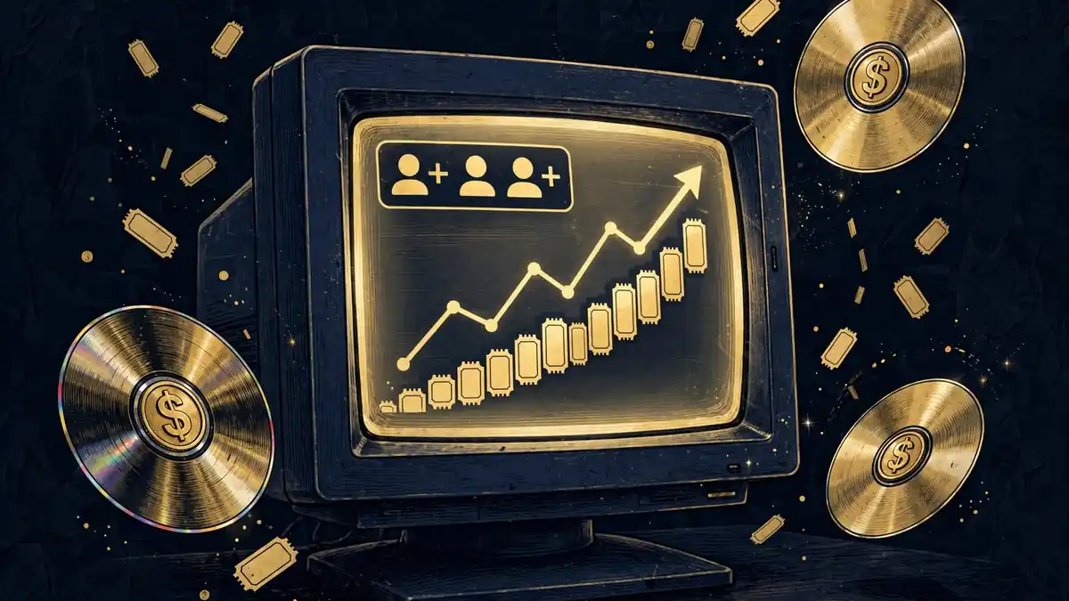 Retro early-2000s computer with social network friend icons, a rising gold earnings chart, and gold comedy discs, navy and gold editorial illustration