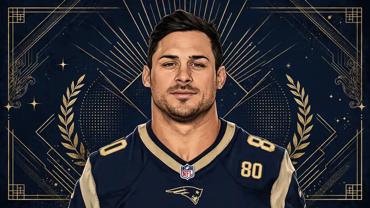 Stylized illustrated portrait of NFL wide receiver Danny Amendola in navy and gold