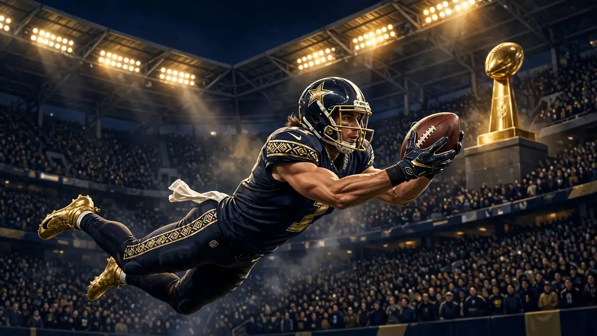 Illustration of an NFL receiver making a diving catch at night with a gold trophy glowing behind him