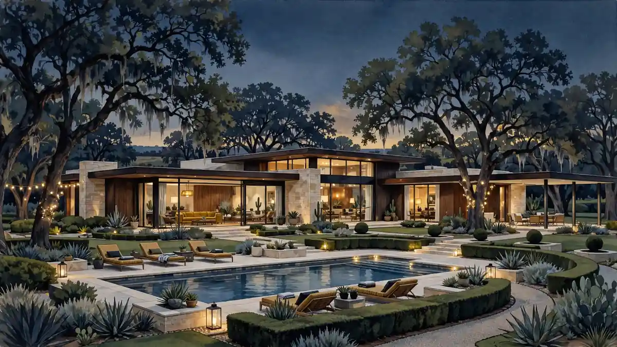 Illustration of a luxurious midcentury-modern Texas mansion at dusk with pool and oak trees