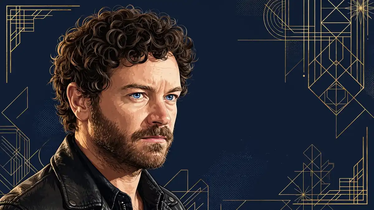 Stylized illustrated portrait of Danny Masterson in navy and gold editorial style