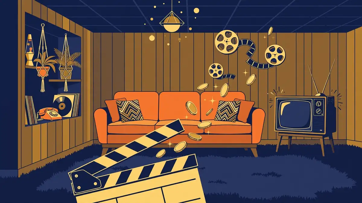 Illustration of a retro 1970s sitcom basement with film reels, clapperboard and gold coins