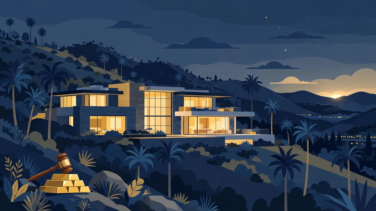 Illustration of a luxury Hollywood Hills mansion at dusk with gold bars and a gavel