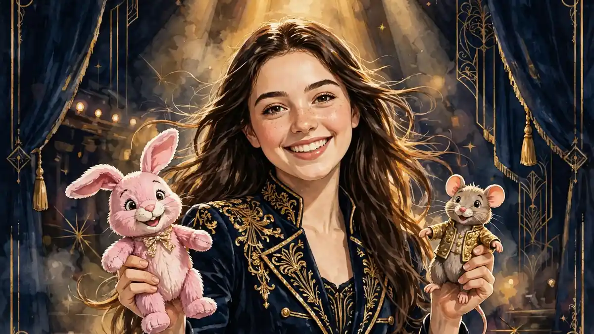 Stylized illustrated portrait of Darci Lynne performing on stage with her puppet friends under golden spotlights