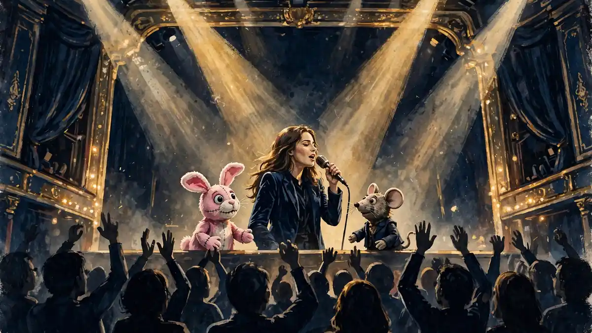 Illustration of Darci Lynne's theater concert with puppet characters on stage under golden spotlights before a cheering crowd