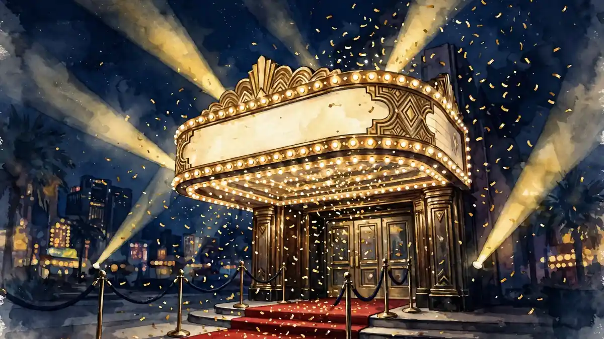 Illustration of a glowing Las Vegas theater marquee at night with gold confetti, representing Darci Lynne's Planet Hollywood headline gig