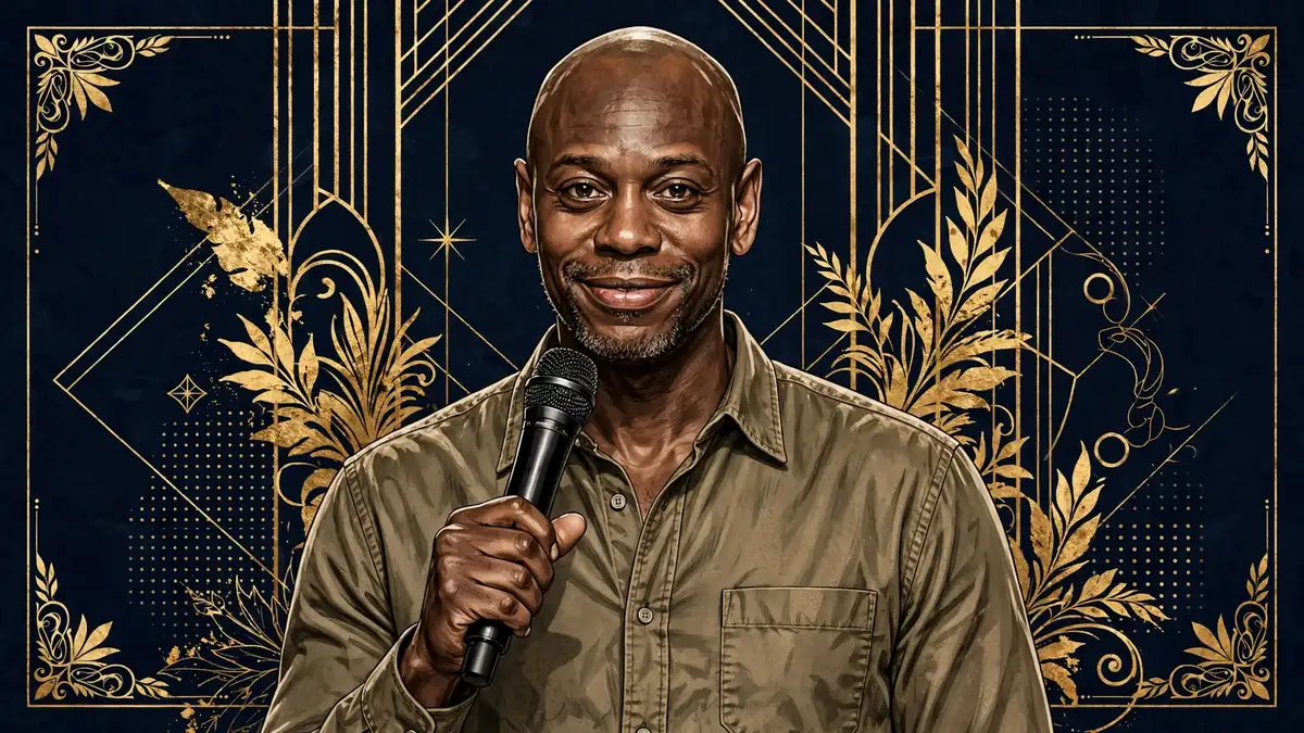 Stylized illustrated portrait of comedian Dave Chappelle on stage with a microphone against a navy and gold background
