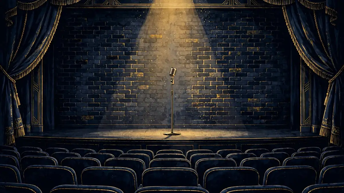 Stylized illustration of a comedy stage with a single spotlight and microphone, empty theater seats, in navy and gold