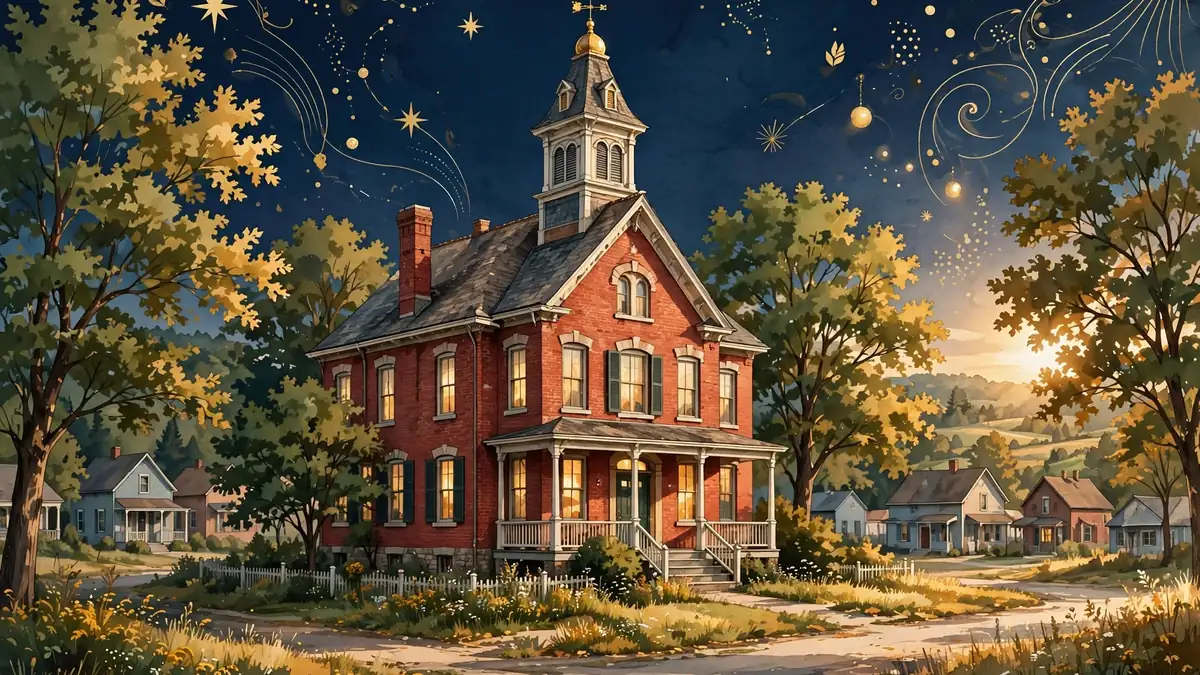 Stylized illustration of a historic 1920s schoolhouse building at dusk with warm lit windows, small town street, in navy and gold