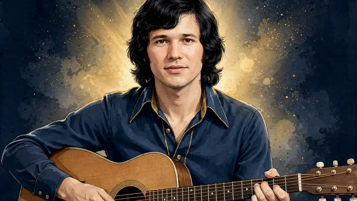 Stylized illustrated portrait of 1970s singer-songwriter David Gates holding an acoustic guitar