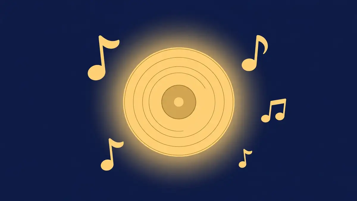 Vinyl record surrounded by golden music notes, symbolizing decades of songwriting royalties