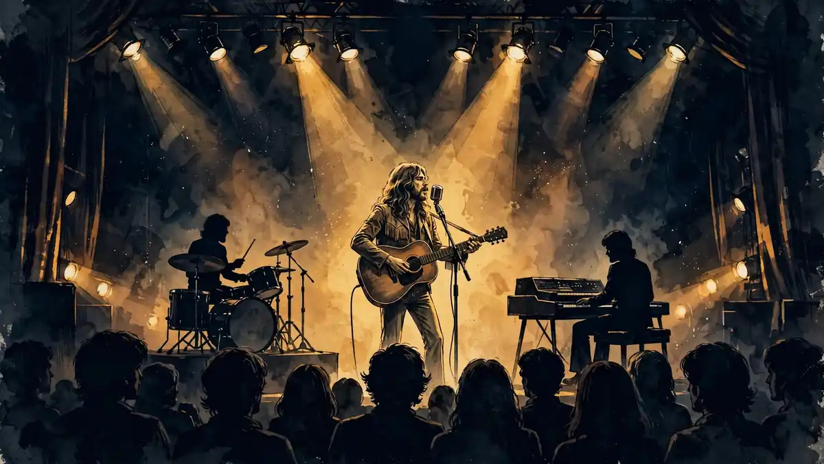 Stylized illustration of a 1970s soft-rock concert stage with a singer and band under golden spotlights