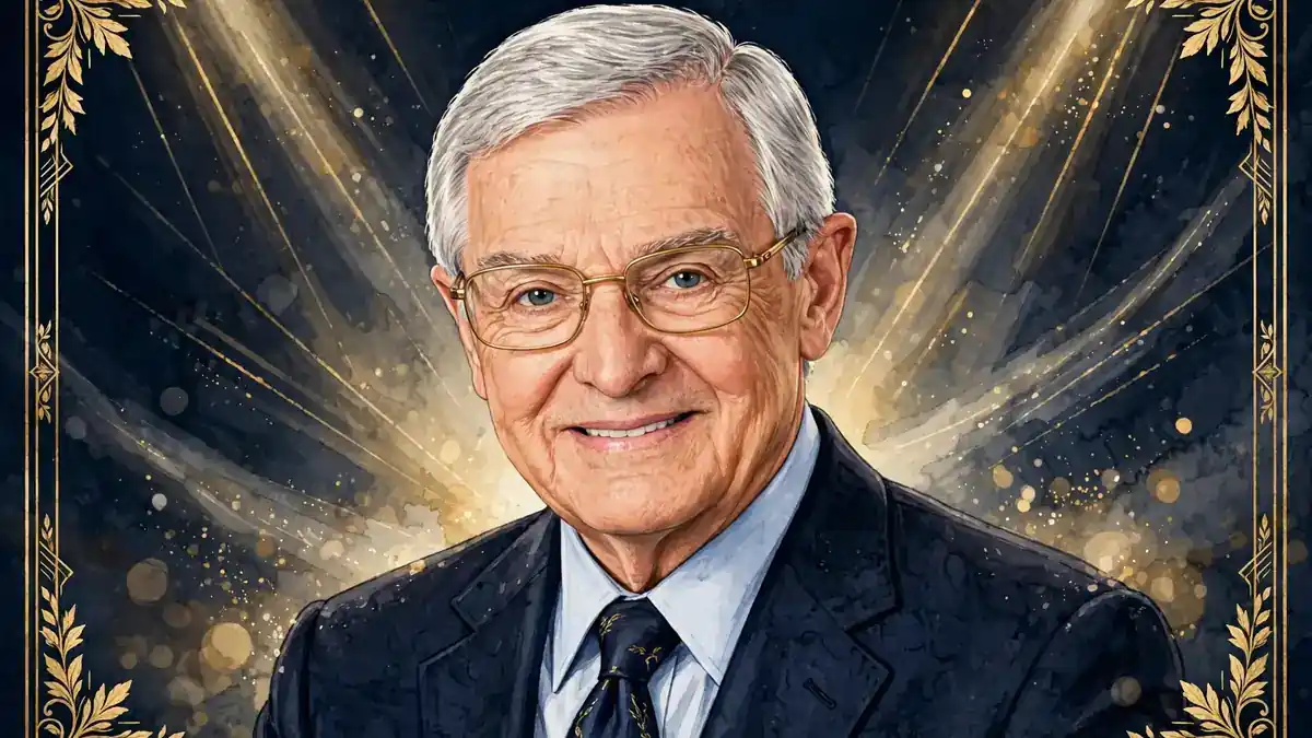 Illustrated editorial portrait of Dr. David Jeremiah, senior pastor and bestselling author, in navy and gold