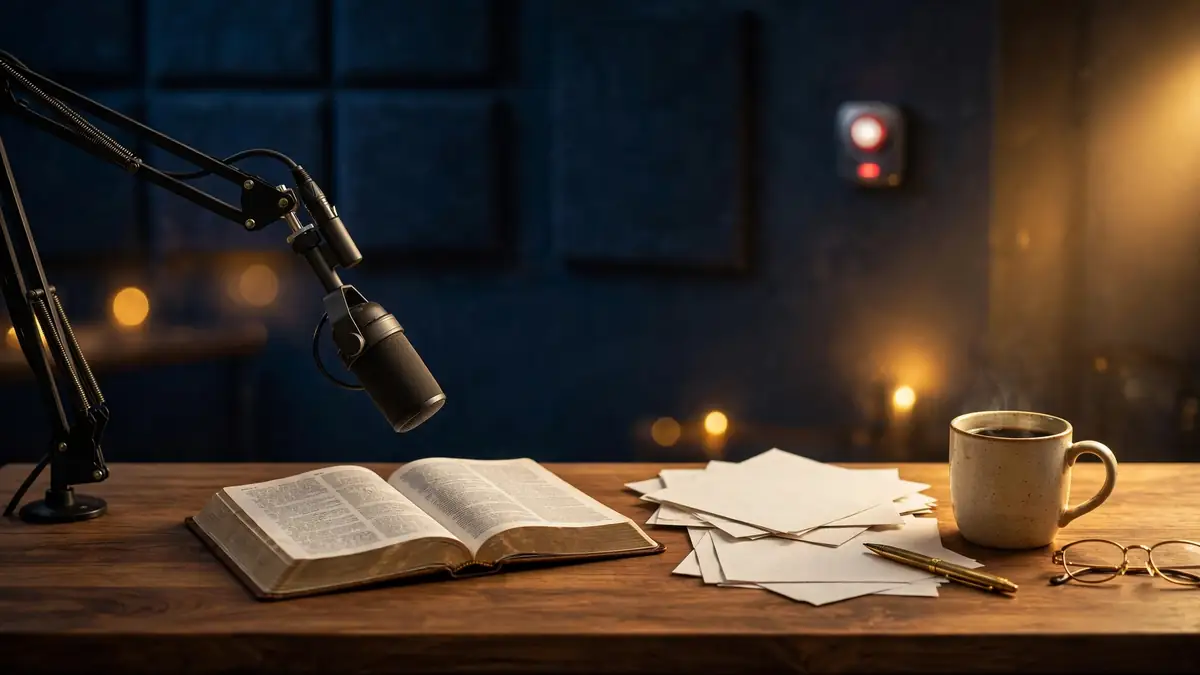 Illustration of a Christian broadcast studio desk with a microphone, open Bible and warm gold lighting