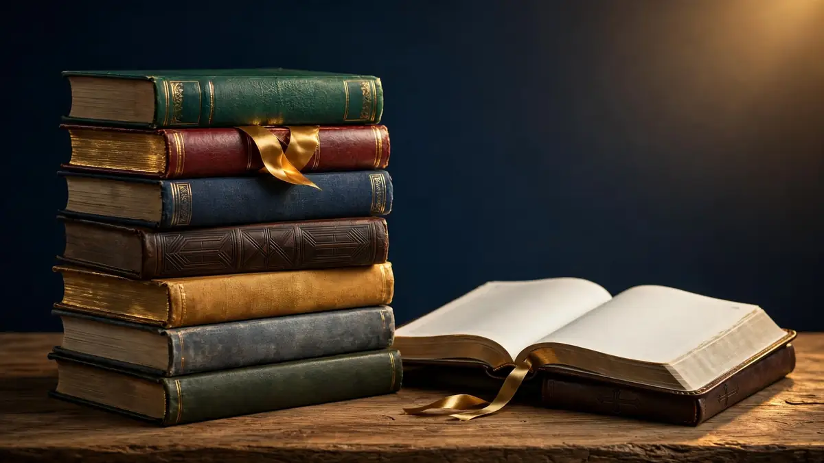 Illustration of a stack of hardcover books beside an open study Bible on a wooden desk