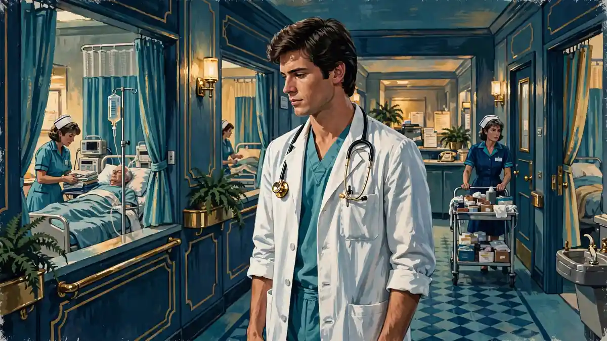 Illustrated 1980s hospital drama scene with a tall young doctor