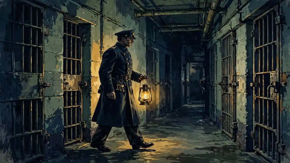 Illustrated 1930s prison corridor scene at night