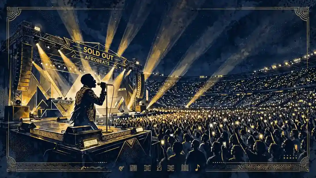 Illustration of a sold-out Afrobeats stadium concert at night in navy and gold editorial style