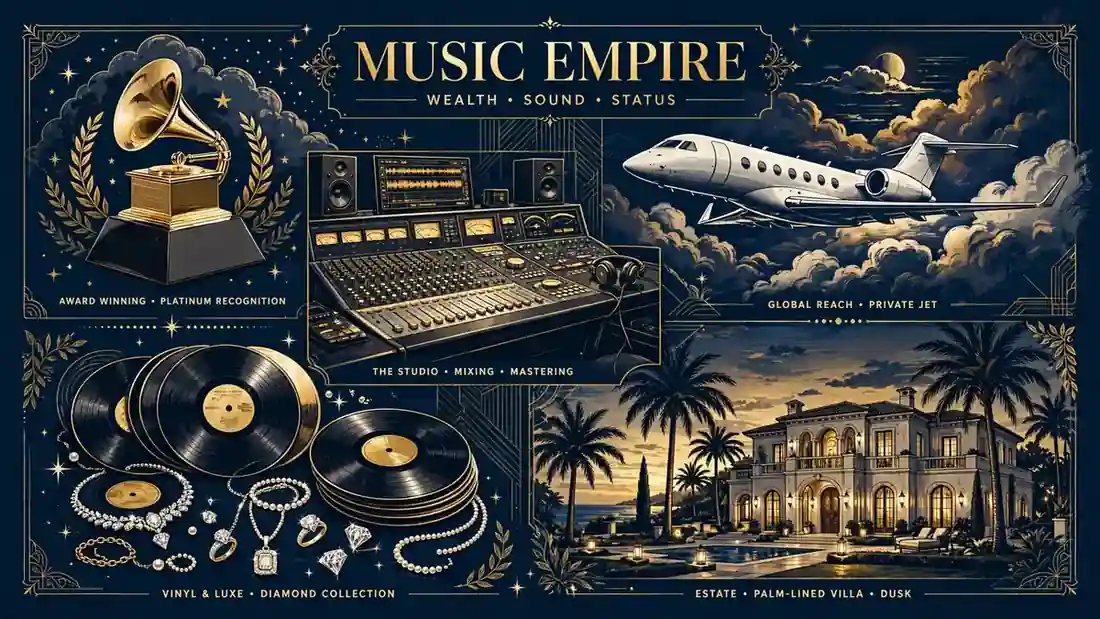Illustration of a music empire: recording studio, gold awards, private jet and mansion in navy and gold editorial style