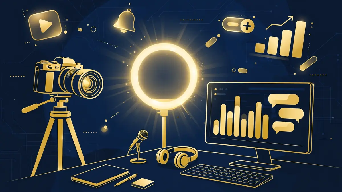 Illustration of a creator streaming desk with a ring light and live chat in navy and gold tones