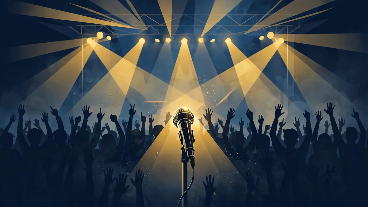 Illustration of a concert stage with gold lights and a silhouetted crowd in navy tones