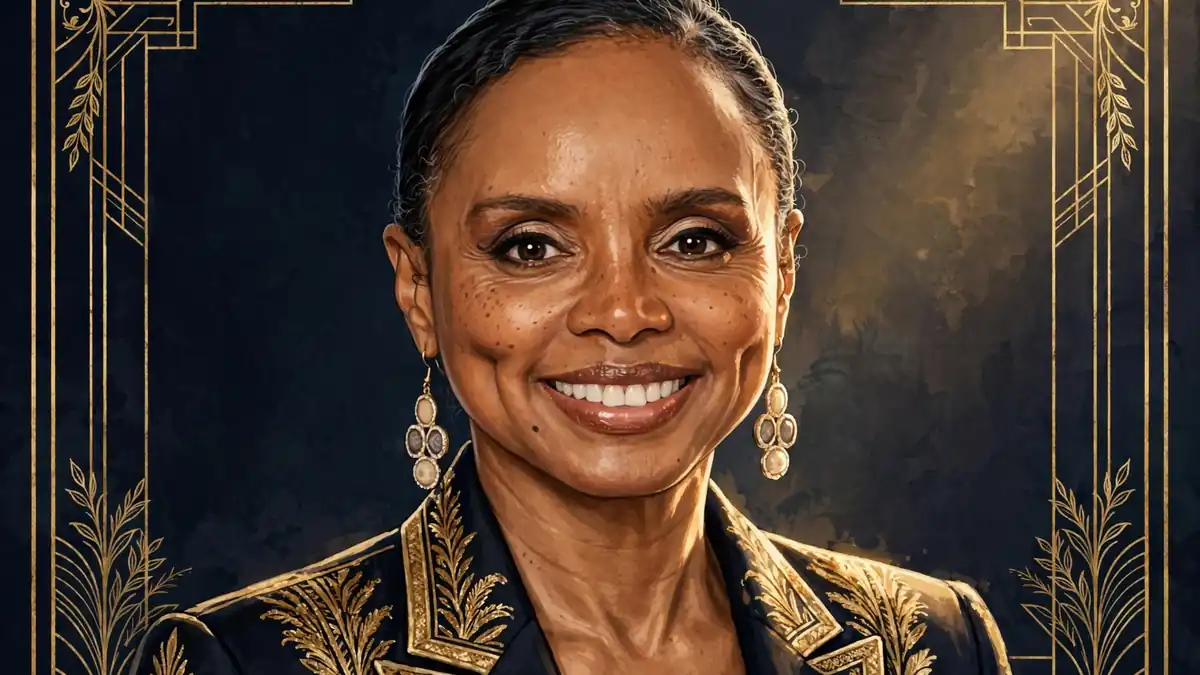Stylized illustrated portrait of Debbi Morgan, the Emmy-winning All My Children actress, in navy and gold