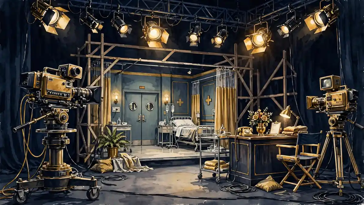 Illustrated 1980s daytime television studio with cameras and lights
