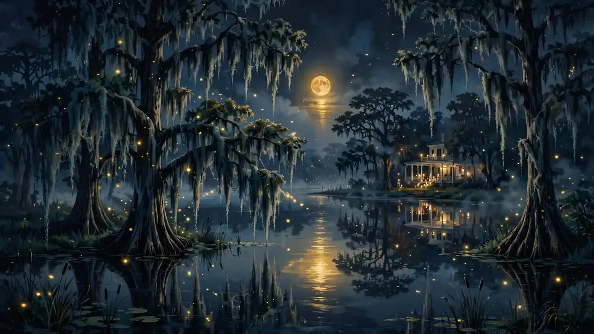 Illustrated Louisiana bayou at dusk with moonlit water and plantation veranda