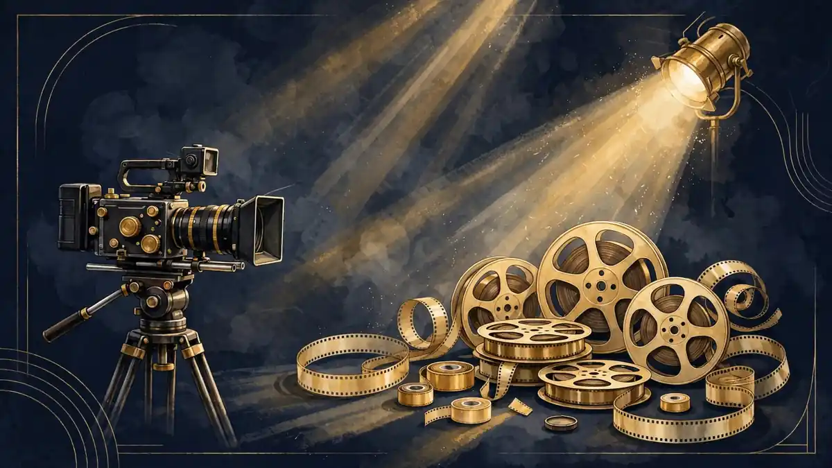 Illustrated film studio scene with cinema camera, film reels and golden spotlights in navy and gold