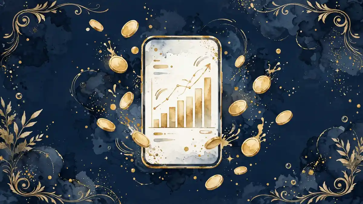 Illustrated smartphone showing a creator subscription dashboard with rising gold charts and coins in navy and gold