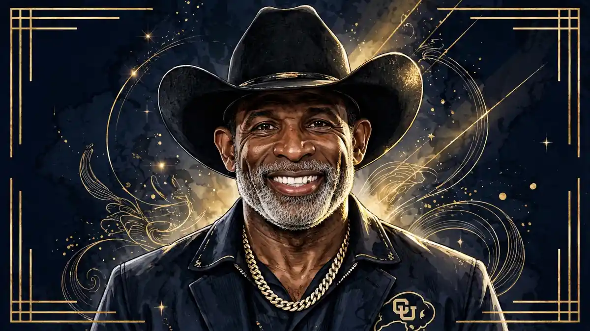 Stylized illustrated portrait of Deion Sanders in navy and gold editorial style