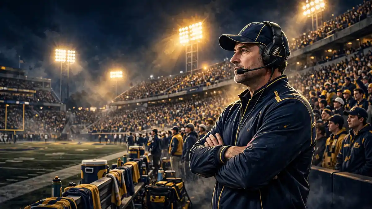 Illustration of a football coach on the sidelines of a packed night stadium in navy and gold