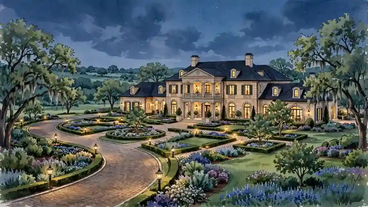 Illustration of a grand Texas mansion estate at dusk in navy and gold tones