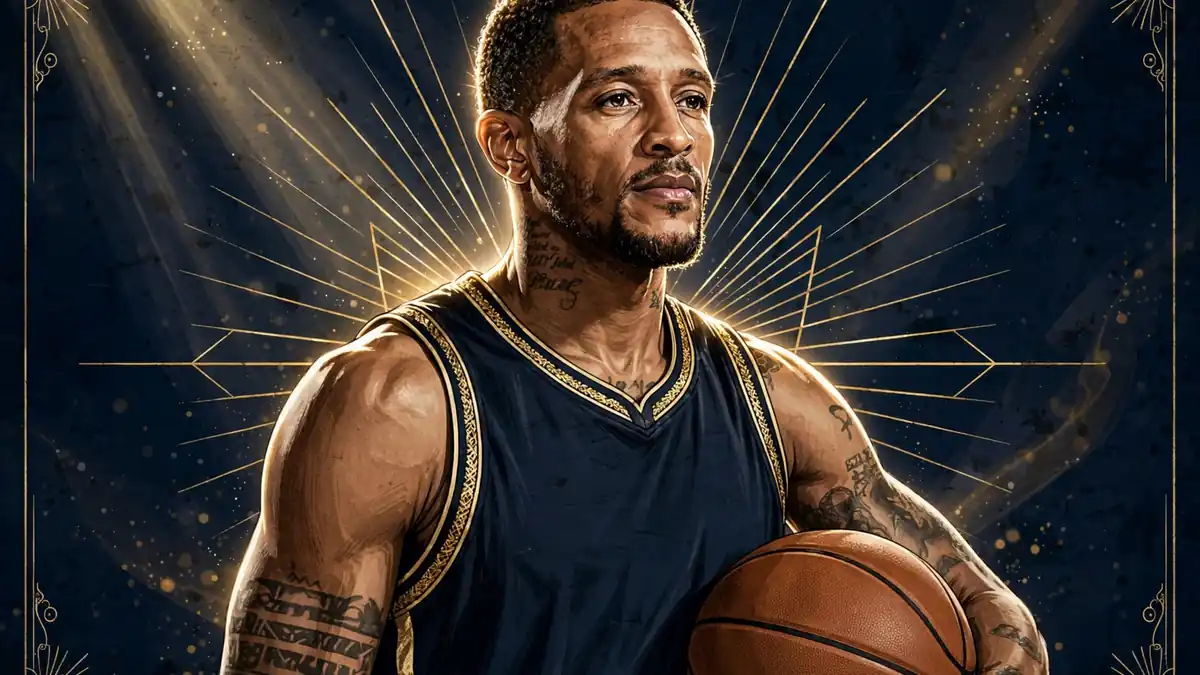 Stylized illustrated portrait of former NBA guard Delonte West in a navy and gold editorial style